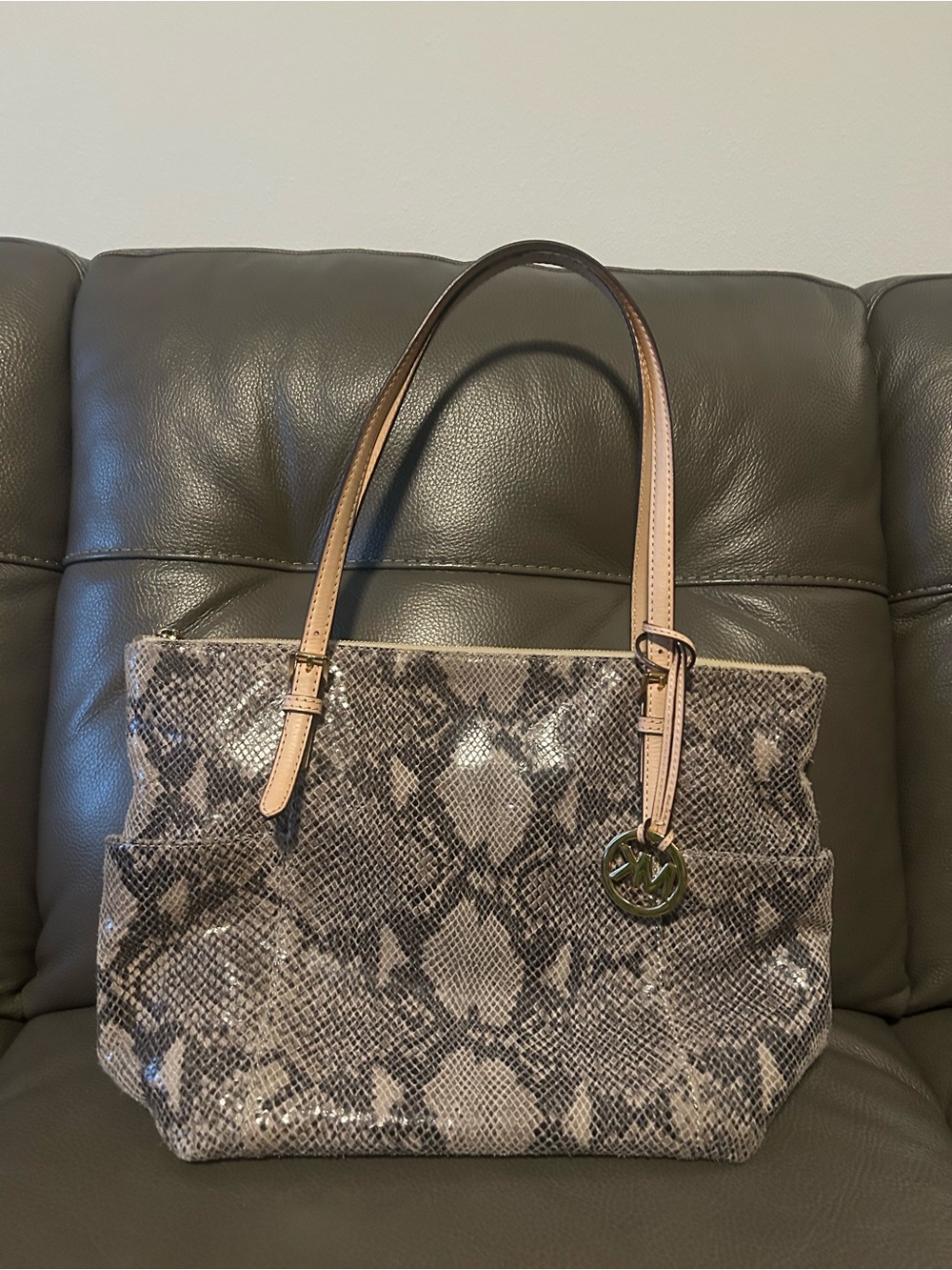 Michael Kors Designer-Inspired Snake Print Tote Bag with Tan Handles